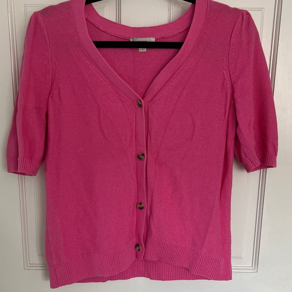 LOFT Pink Short-Sleeve Knit Cardigan
